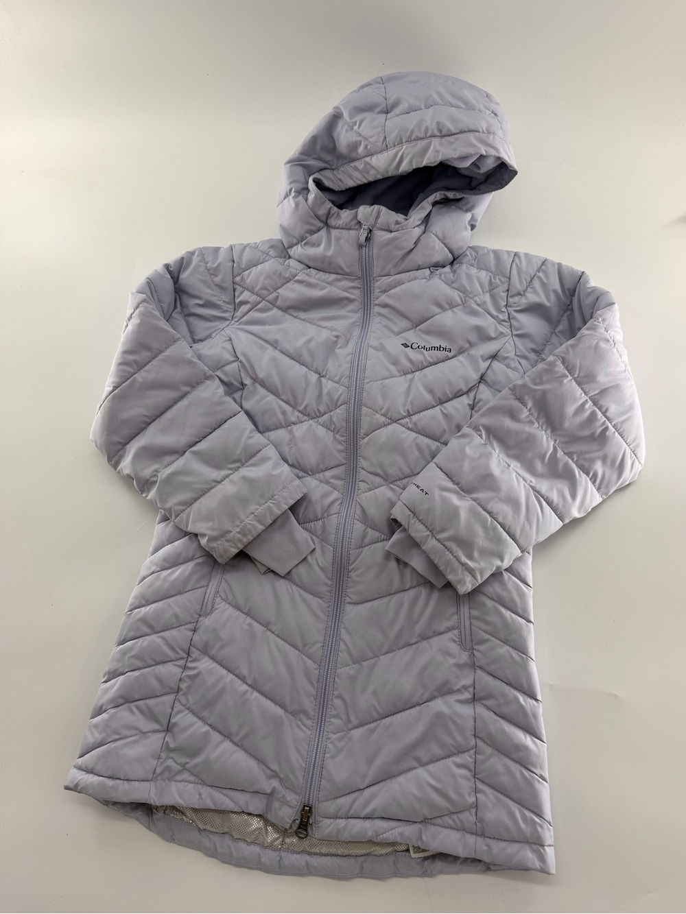 Columbia Girls Quilted Puffer Coat Winter Warm 7/8 Purple Grey Color Omni Heat
